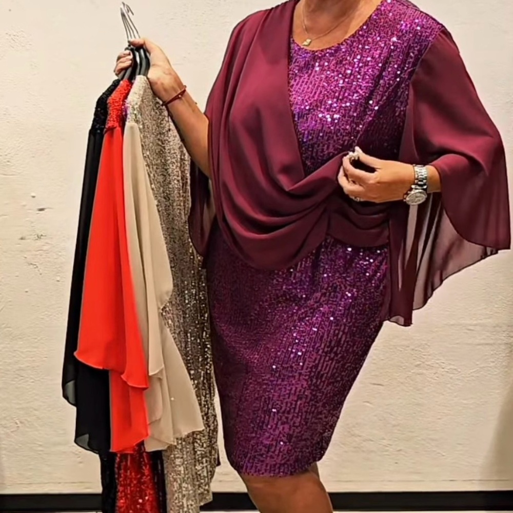 Purple Sequin Dress with Draped Overlay